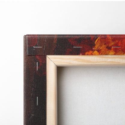 A rustic wooden frame canvas wall art print with dark brown textured border and vibrant orange red abstract strokes