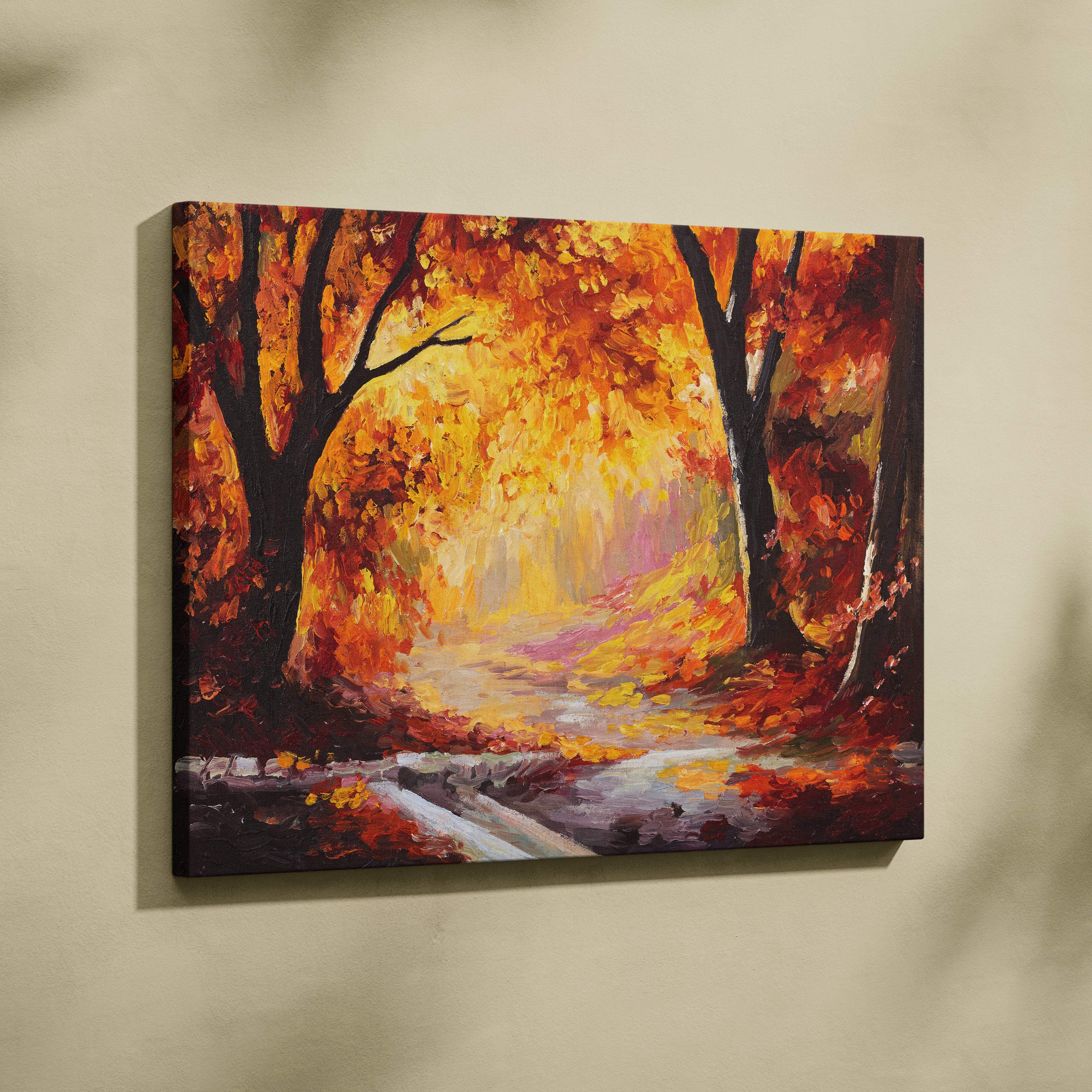 Golden autumn forest path canvas wall art print with bold orange yellow red foliage on dark tree trunks for cozy decor