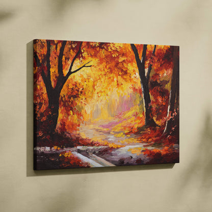 Golden autumn forest path canvas wall art print with bold orange yellow red foliage on dark tree trunks for cozy decor