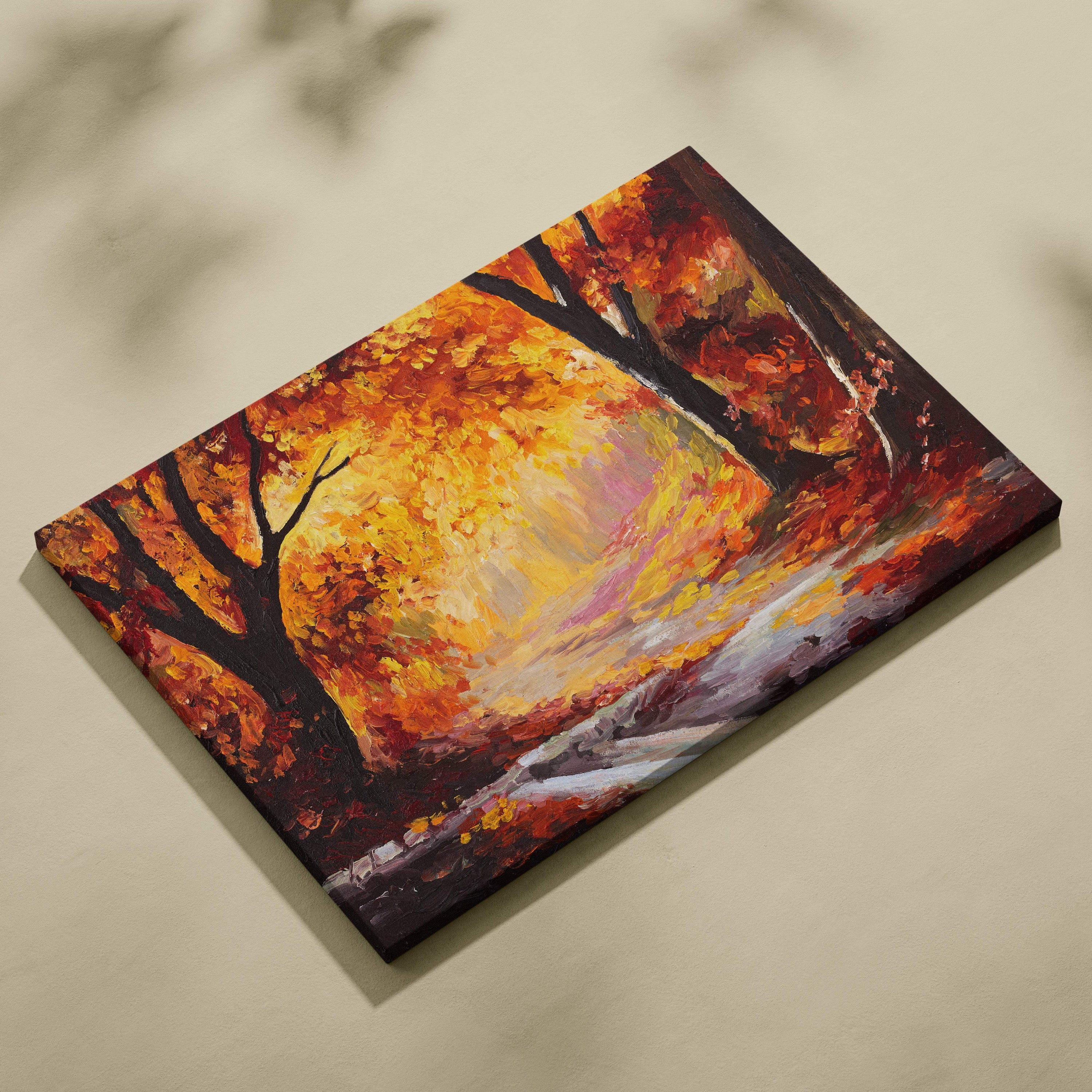 Vibrant autumn landscape canvas wall art print with bold orange yellow and red brushstrokes of trees and warm sky