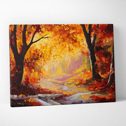 Golden autumn forest path canvas wall art print featuring vibrant orange yellow red foliage with dark tree trunks framing a sunlit path