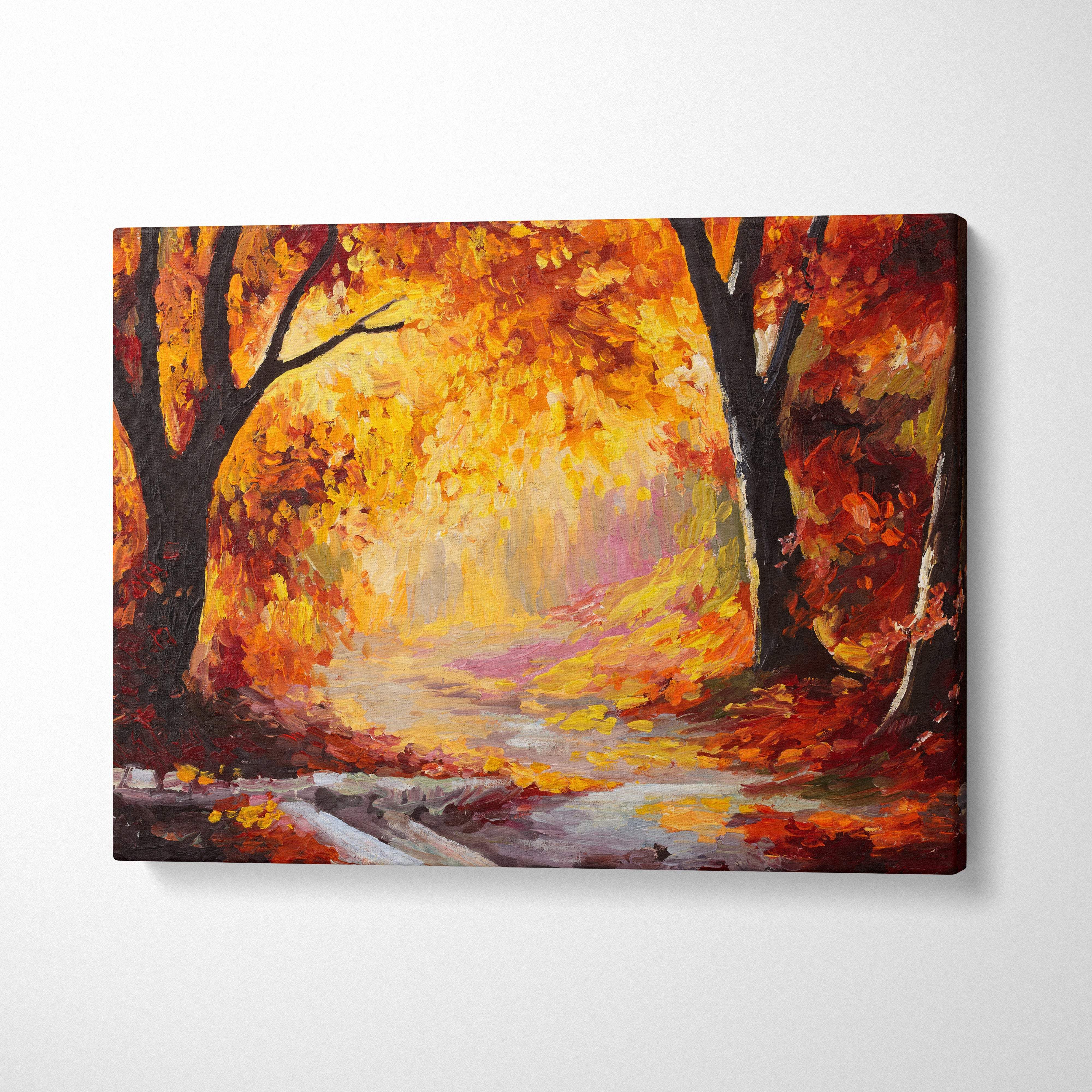 Golden autumn forest path canvas wall art print with vibrant orange yellow red foliage and dark tree trunks framing path