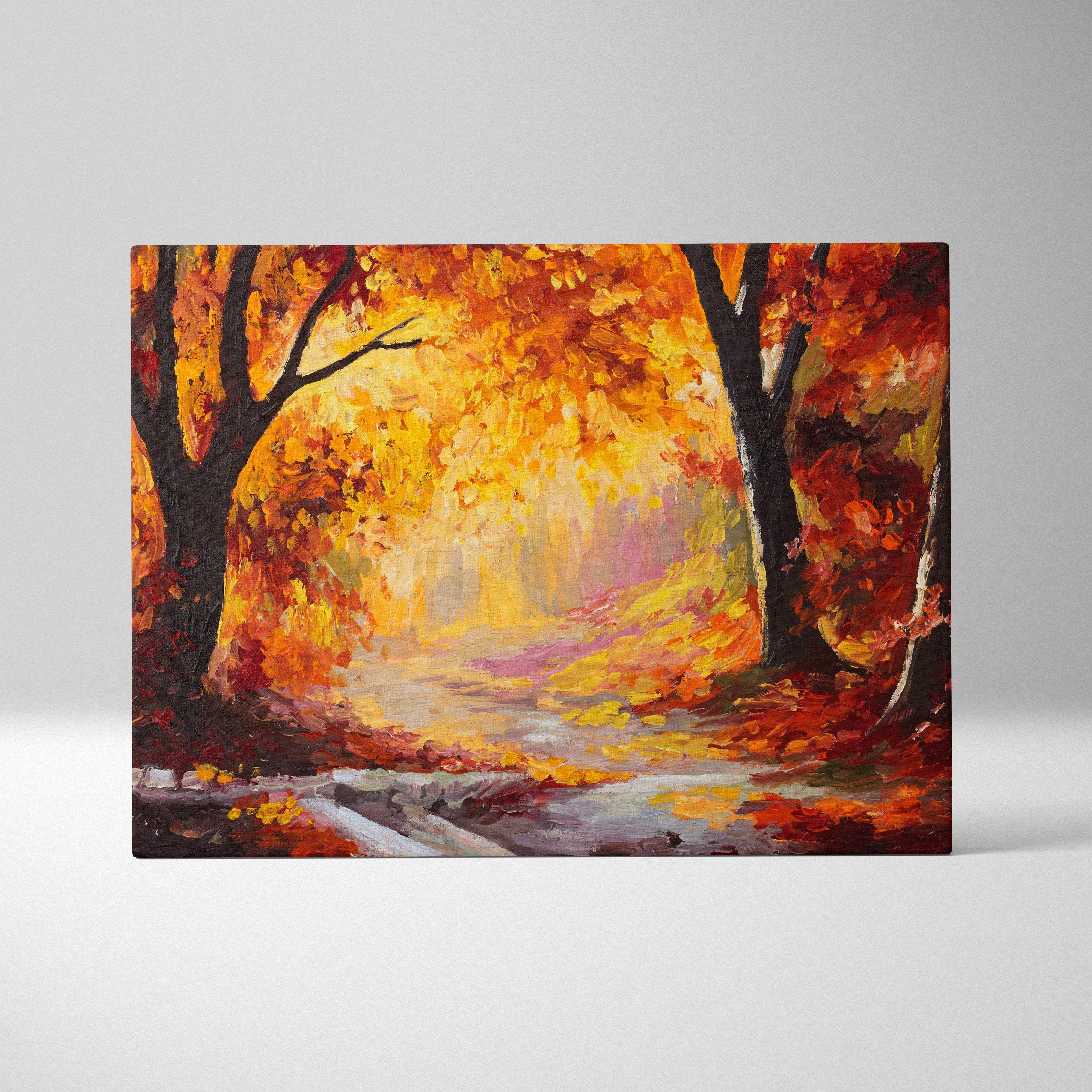 Vibrant autumn forest scene canvas painting with bold brushstrokes in fiery oranges reds and yellows for cozy rustic decor
