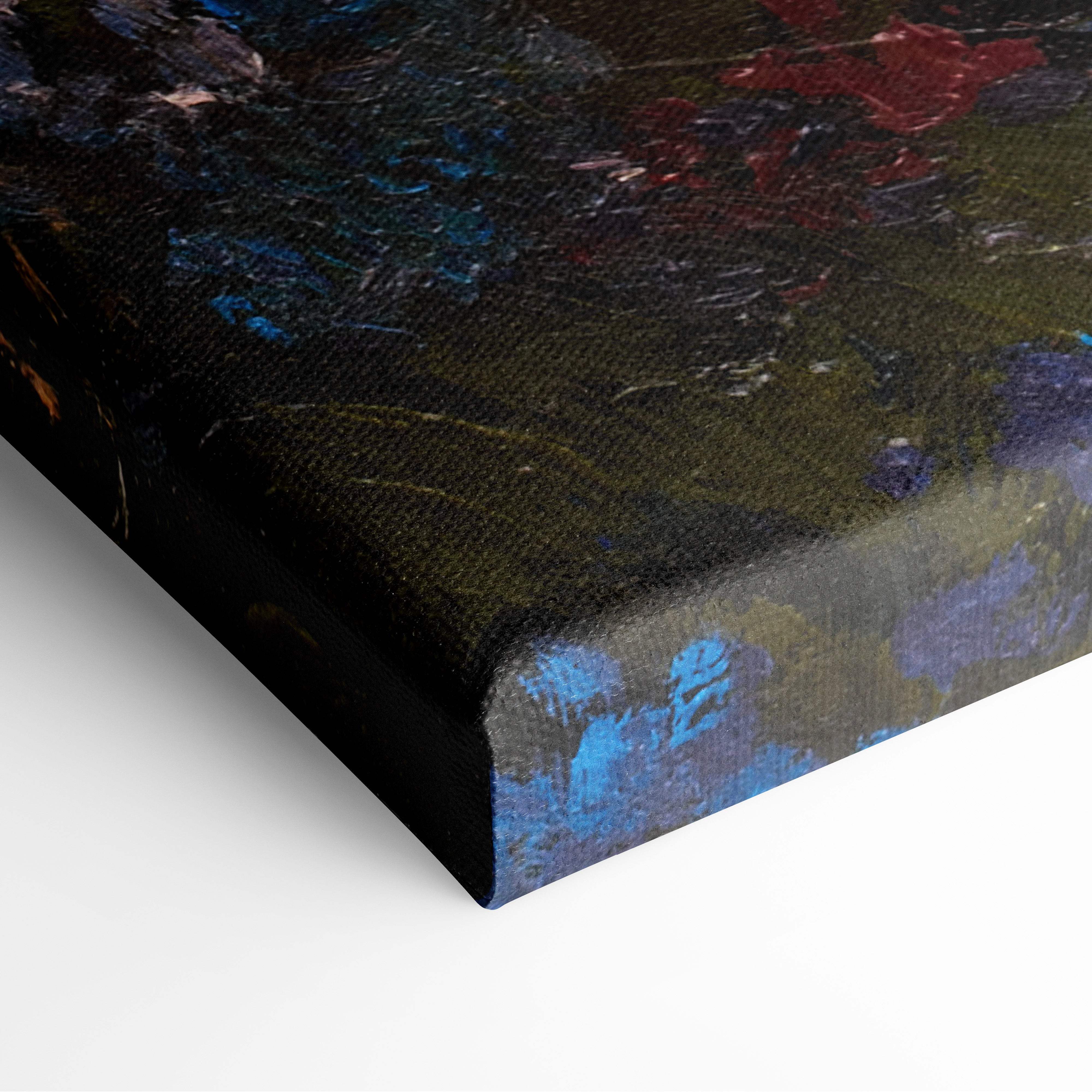 Textured canvas wall art print with bold blue red and green brushstrokes for cozy rustic white cottage decor