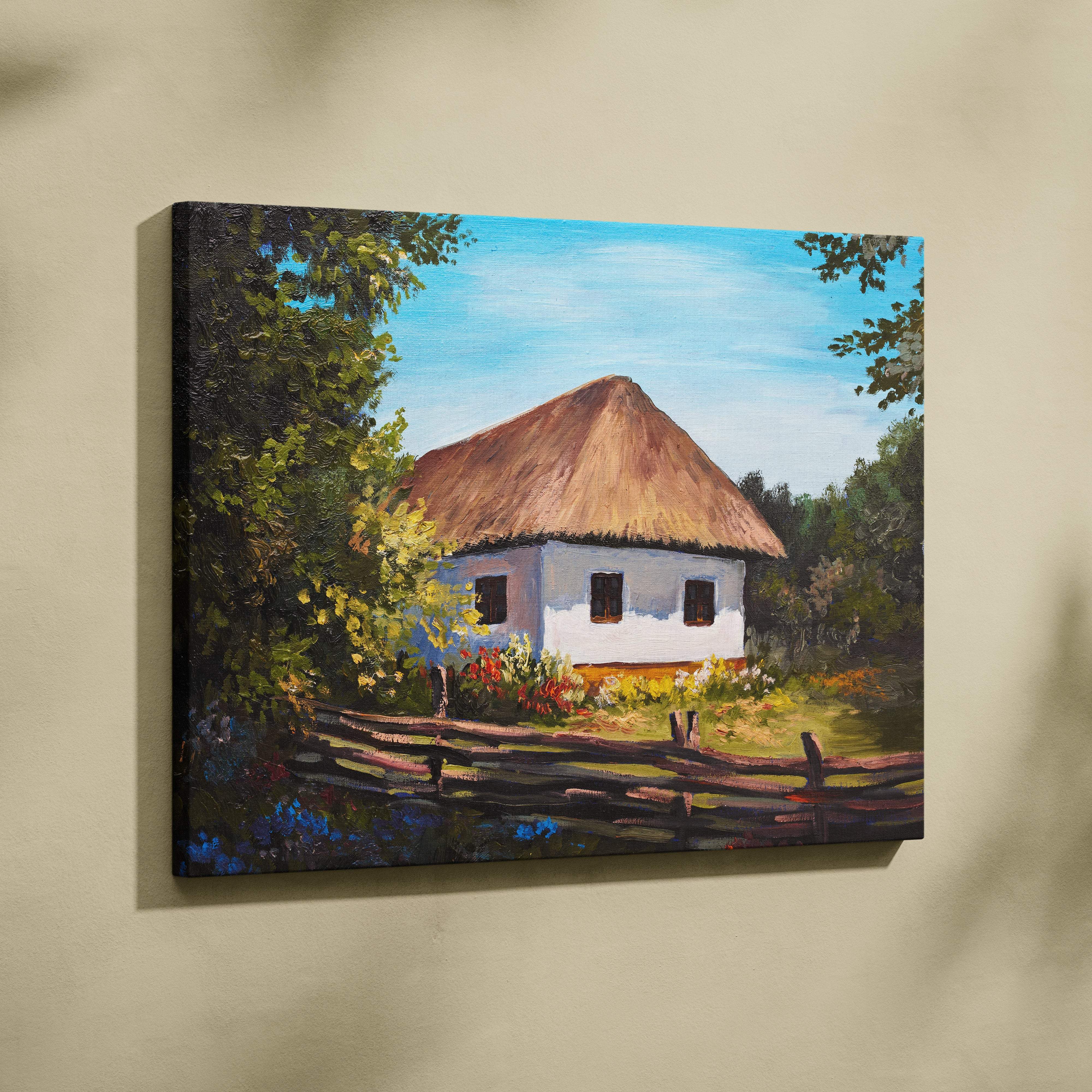 Rustic white cottage canvas wall art print featuring a thatched roof farmhouse surrounded by garden greenery and flowers