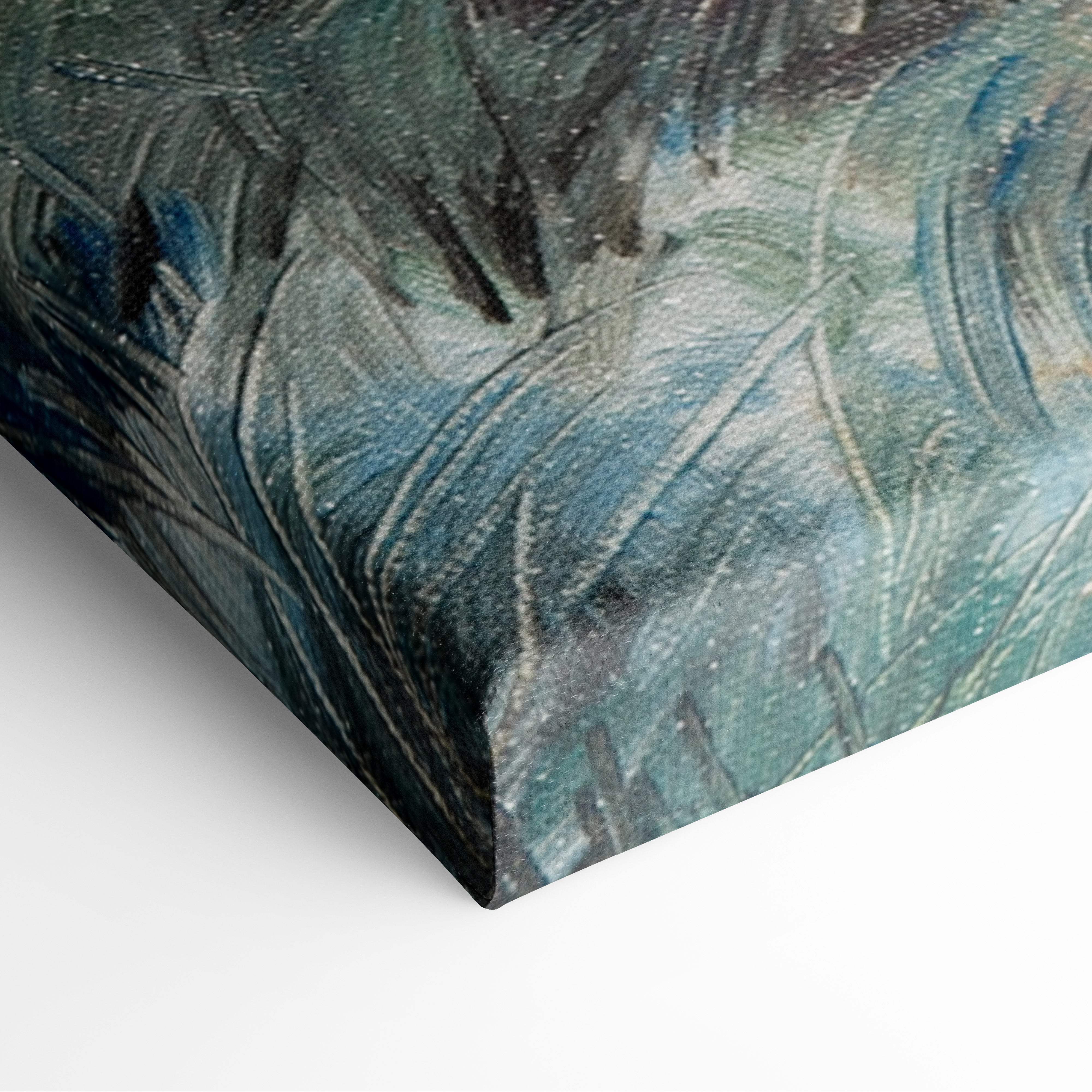 A textured canvas print of autumn sunset river art with swirling teal blue and gray patterns for rustic living rooms