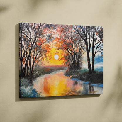 Autumn sunset river canvas wall art print featuring a vibrant orange and blue forest landscape painting for rustic decor
