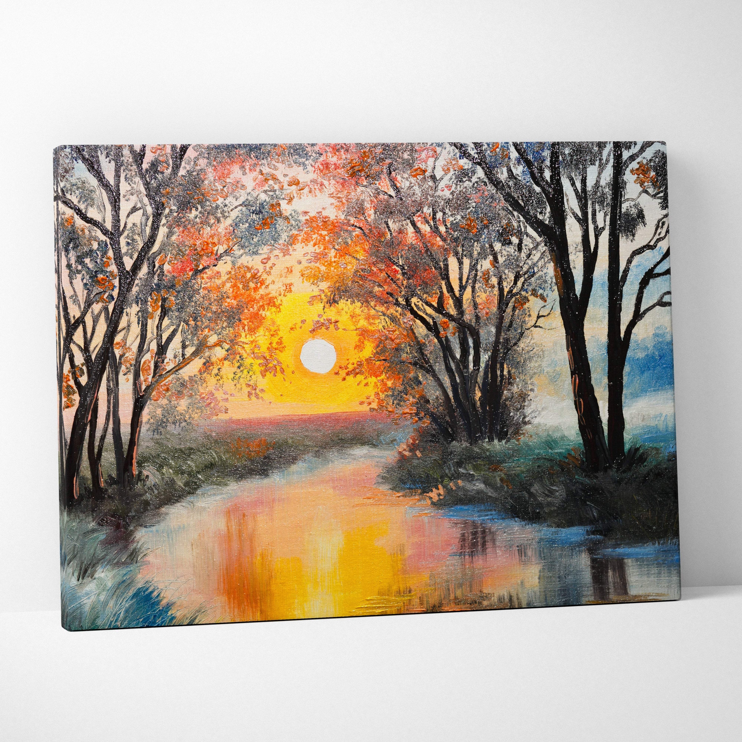 Autumn sunset river canvas wall art print featuring vibrant orange and blue forest landscape for rustic decor