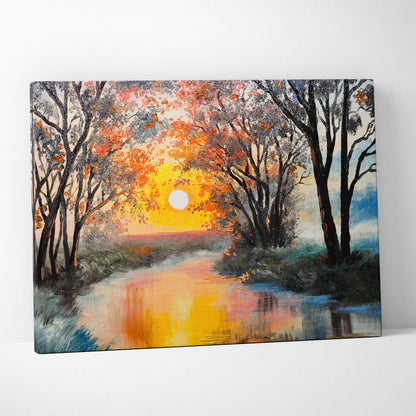 Autumn sunset river canvas wall art print featuring vibrant orange and blue forest landscape for rustic decor