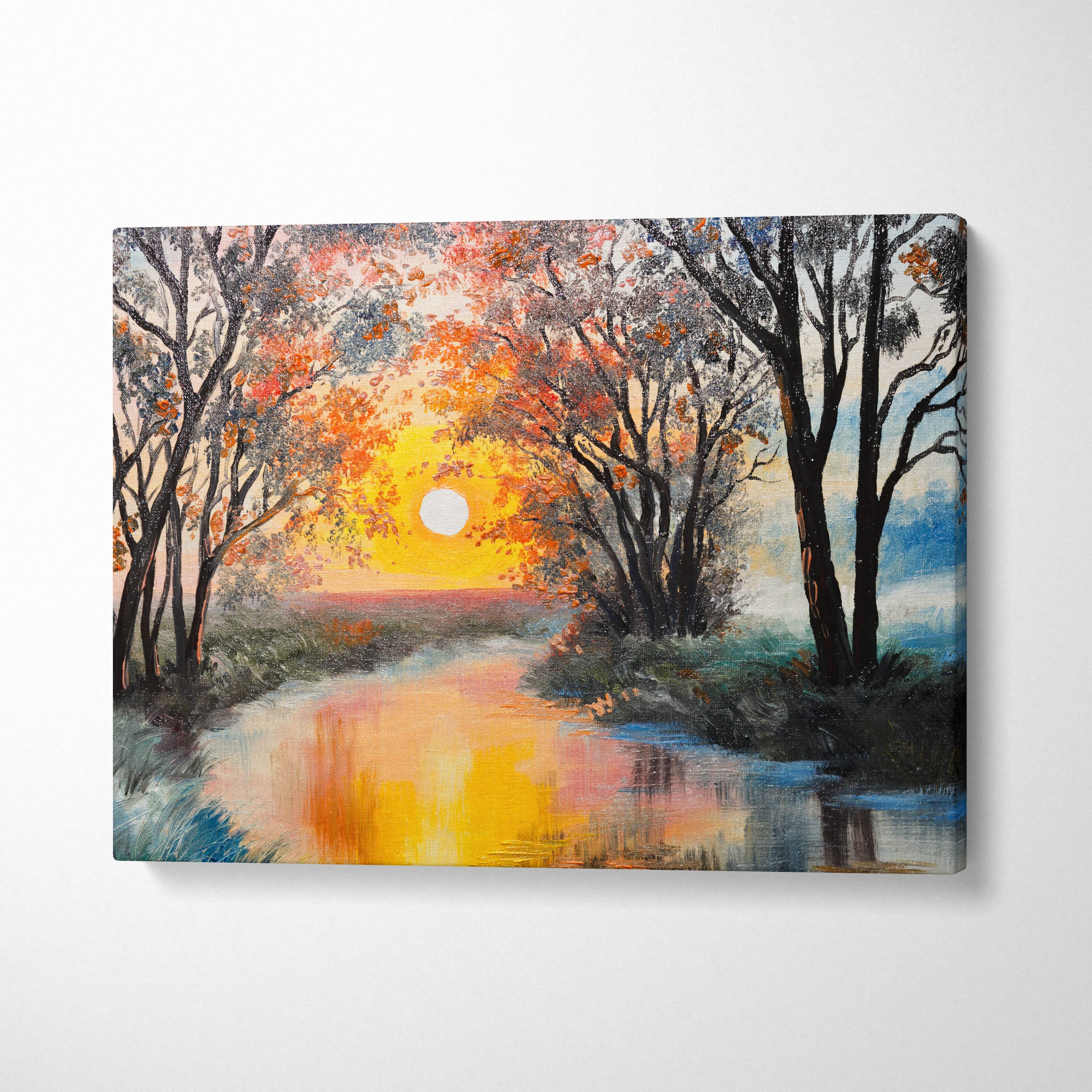 Vibrant autumn sunset river canvas wall art with fiery orange and red foliage for serene rustic living room decor