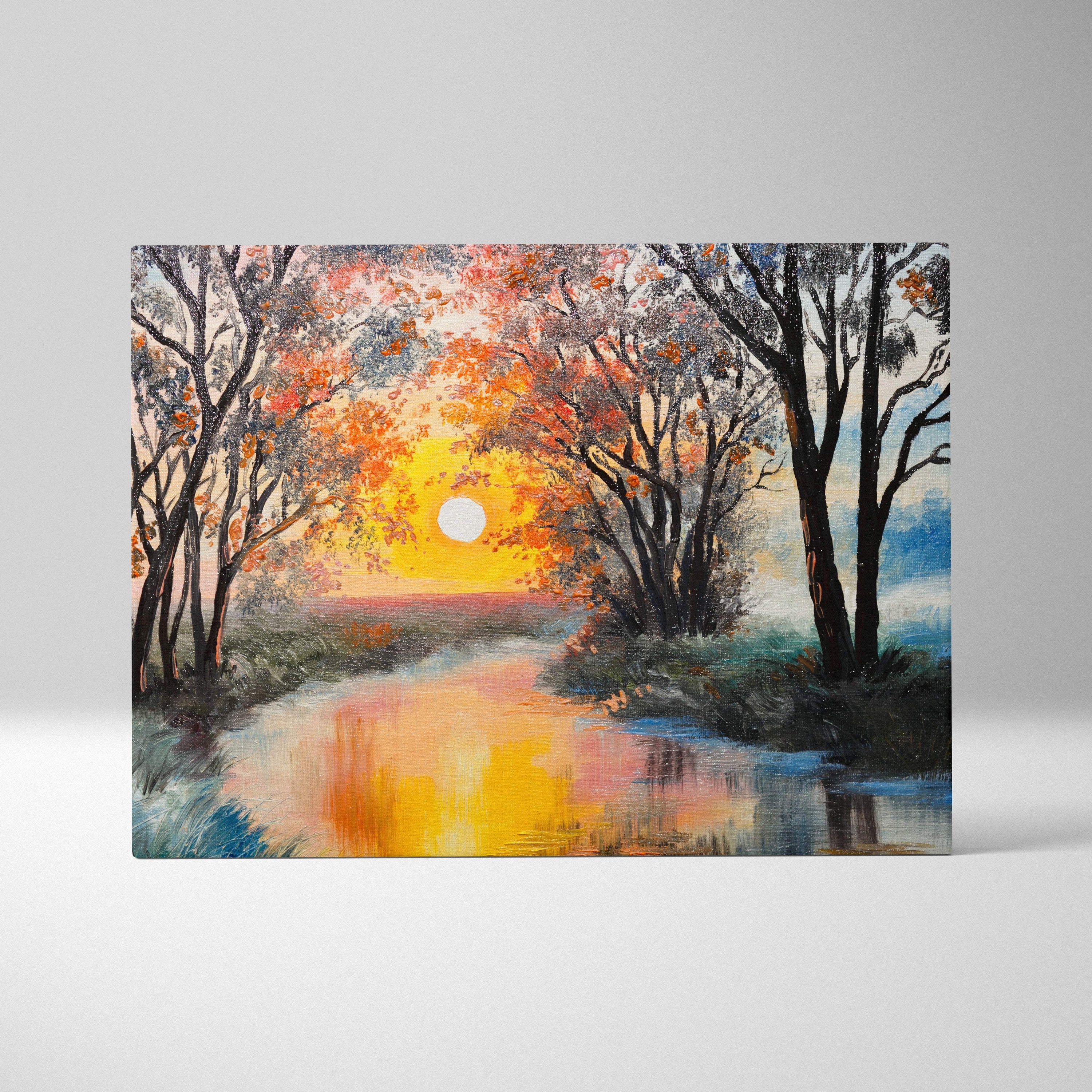 A vibrant acrylic autumn sunset river canvas wall art with orange and blue forest landscape for rustic decor