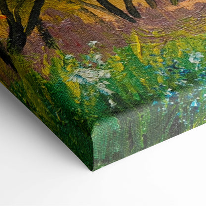 Bright autumn lake canvas wall art print with textured impressionistic green foliage and swirling yellow purple blue accents