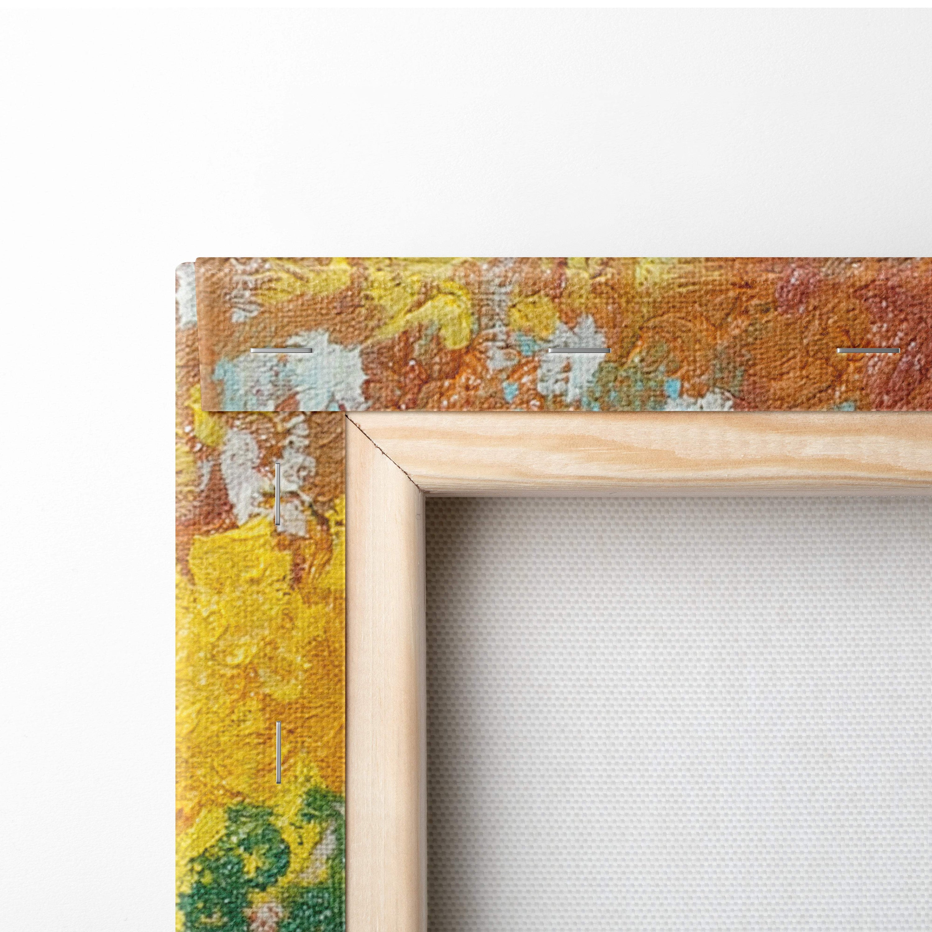 A wooden canvas frame featuring a textured impressionistic painting with warm yellows and oranges for rustic decor