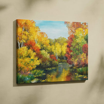 Bright autumn lake canvas wall art print featuring vibrant red orange yellow trees along a reflective river under blue sky