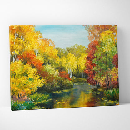Bright autumn lake canvas wall art print featuring golden yellow and fiery red trees by a reflective stream