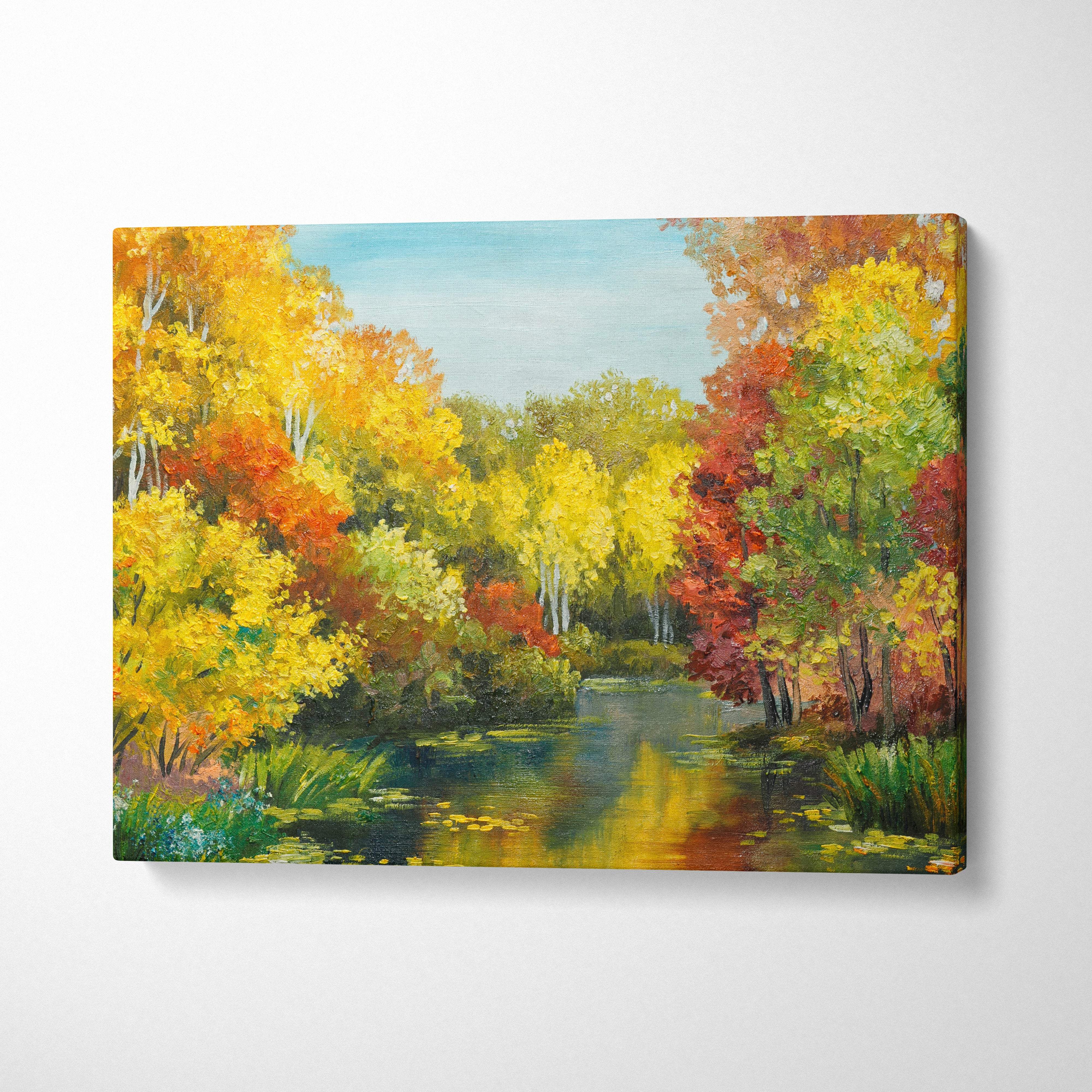 Bright autumn lake canvas wall art print featuring vibrant yellow green forest landscape with trees reflected in a calm river