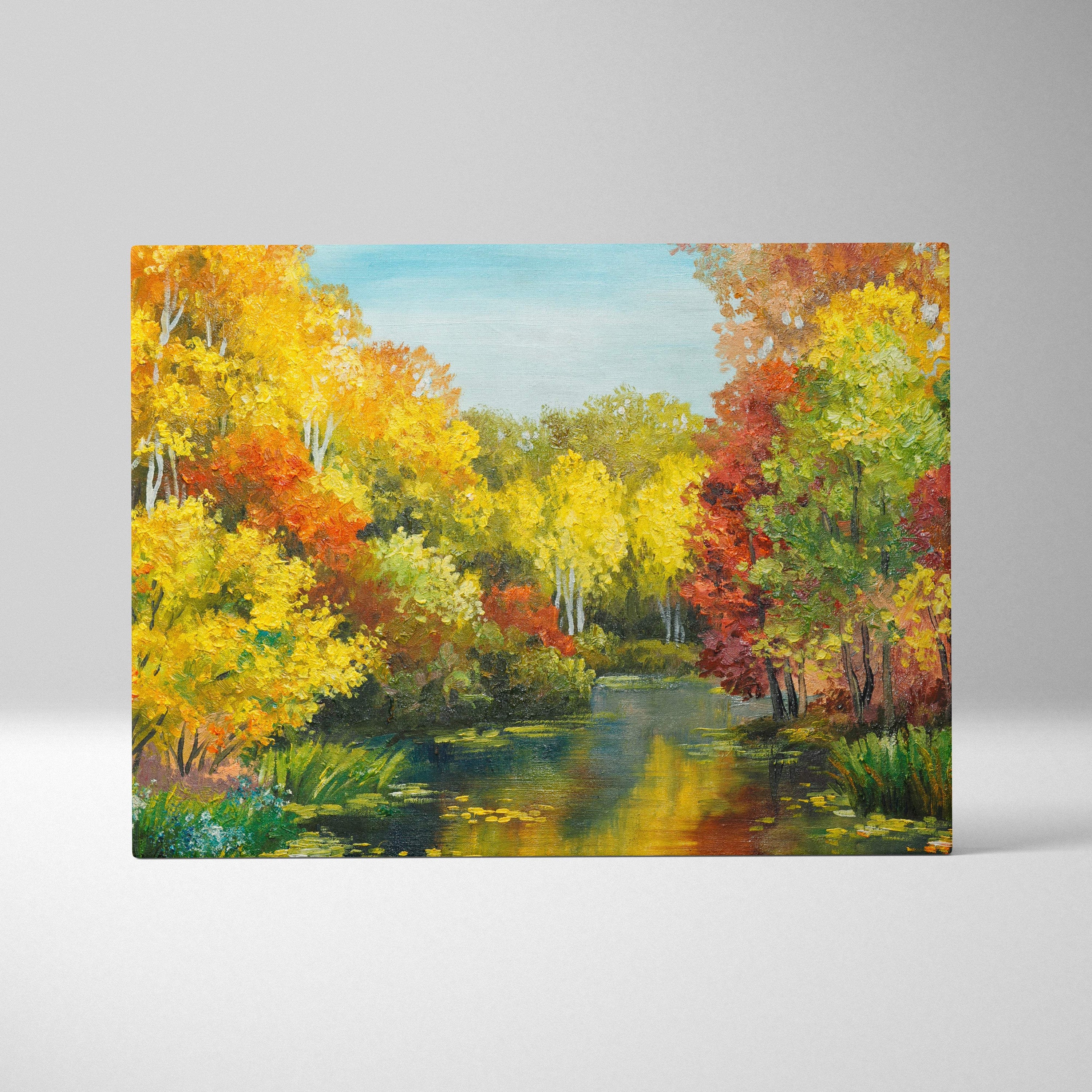 Bright autumn lake canvas wall art print with vibrant yellow green forest and reflective river for rustic living room decor