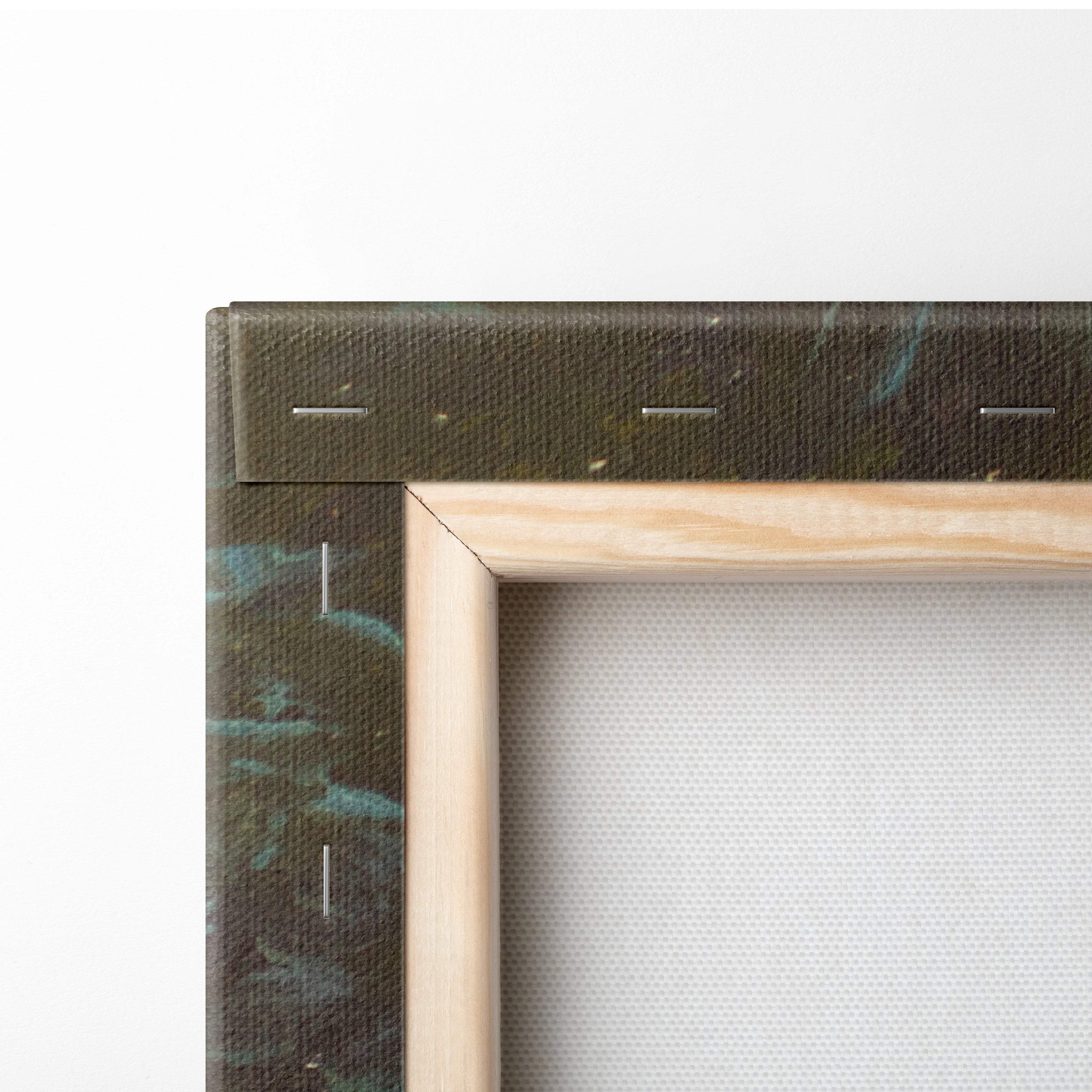 Light-colored wooden frame holding canvas with dark green and teal abstract paint for sunny wildflower meadow wall art
