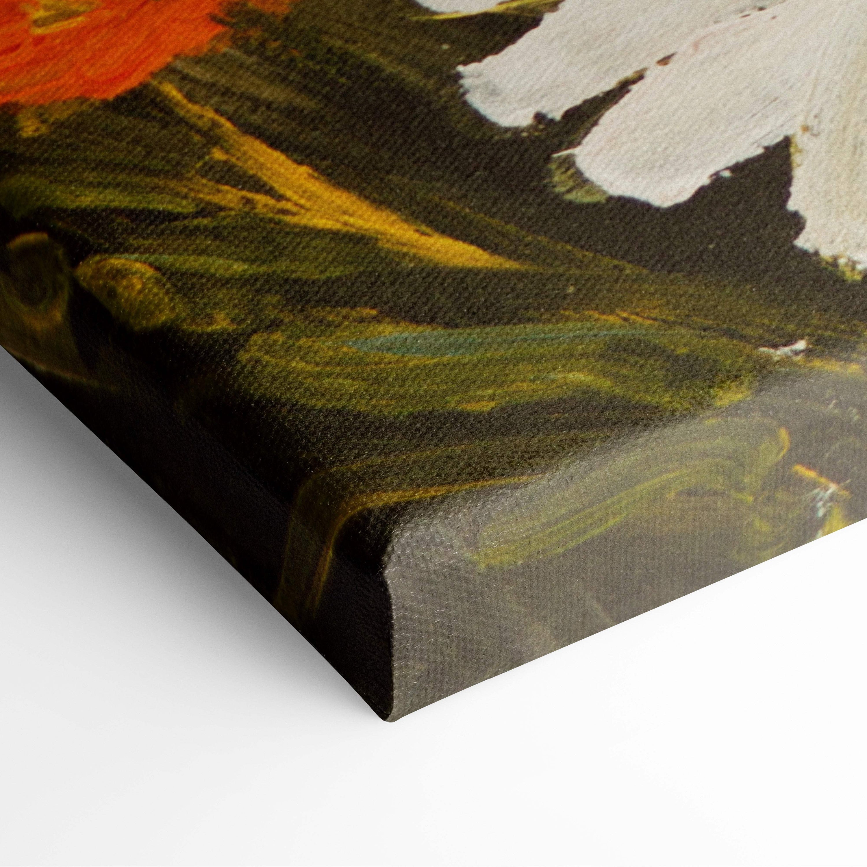 Canvas print of a vibrant floral painting with bold orange and white daisies on dark green foliage in textured brushstrokes