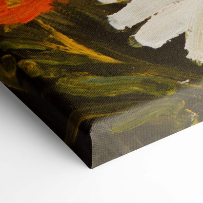 Canvas print of a vibrant floral painting with bold orange and white daisies on dark green foliage in textured brushstrokes
