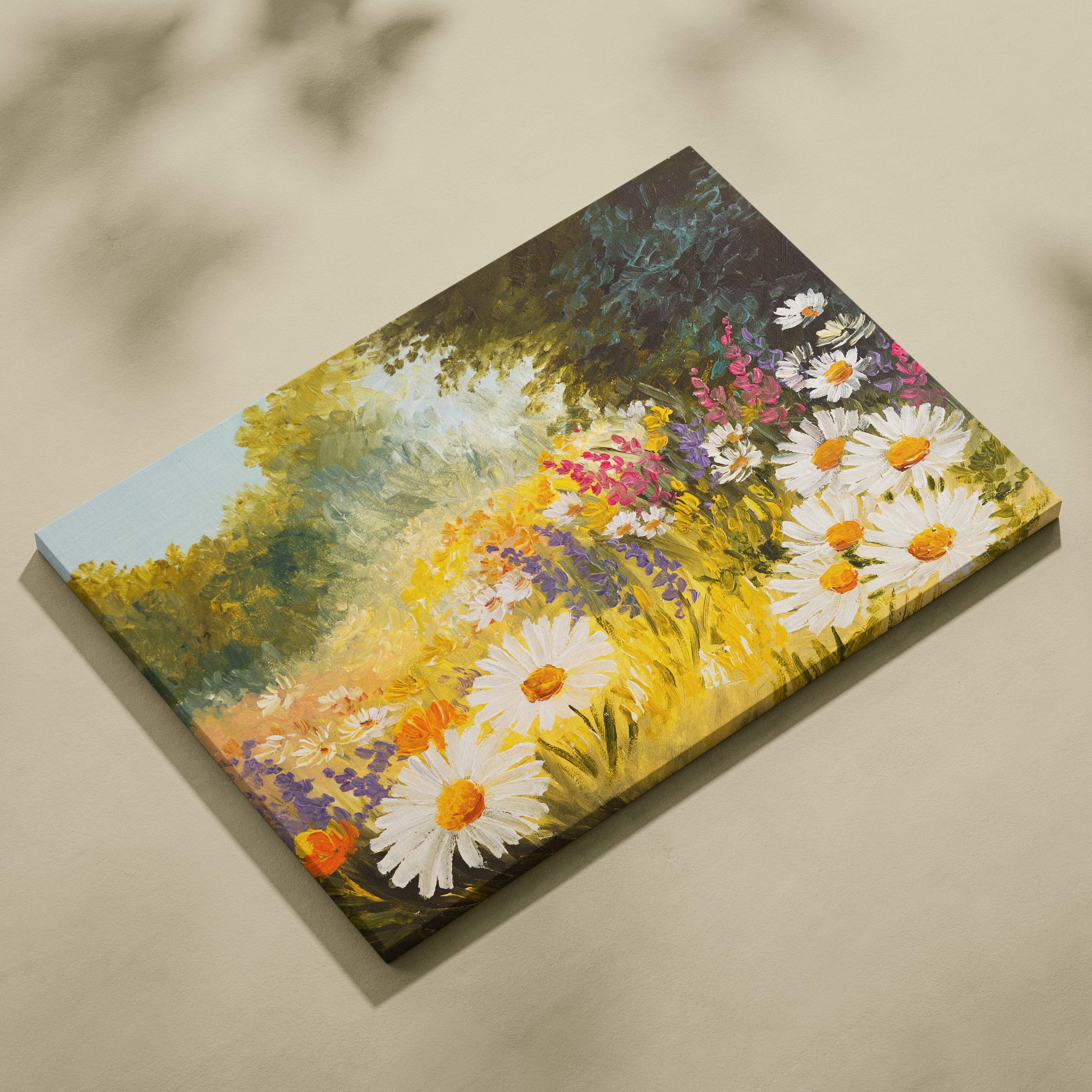 Vibrant canvas wall art of sunlit meadow with white daisies purple and pink wildflowers under soft blue sky