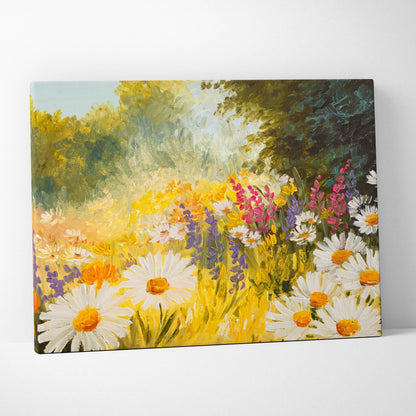 Sunny wildflower meadow canvas print featuring daisies and colorful garden blooms with a warm sunlit landscape