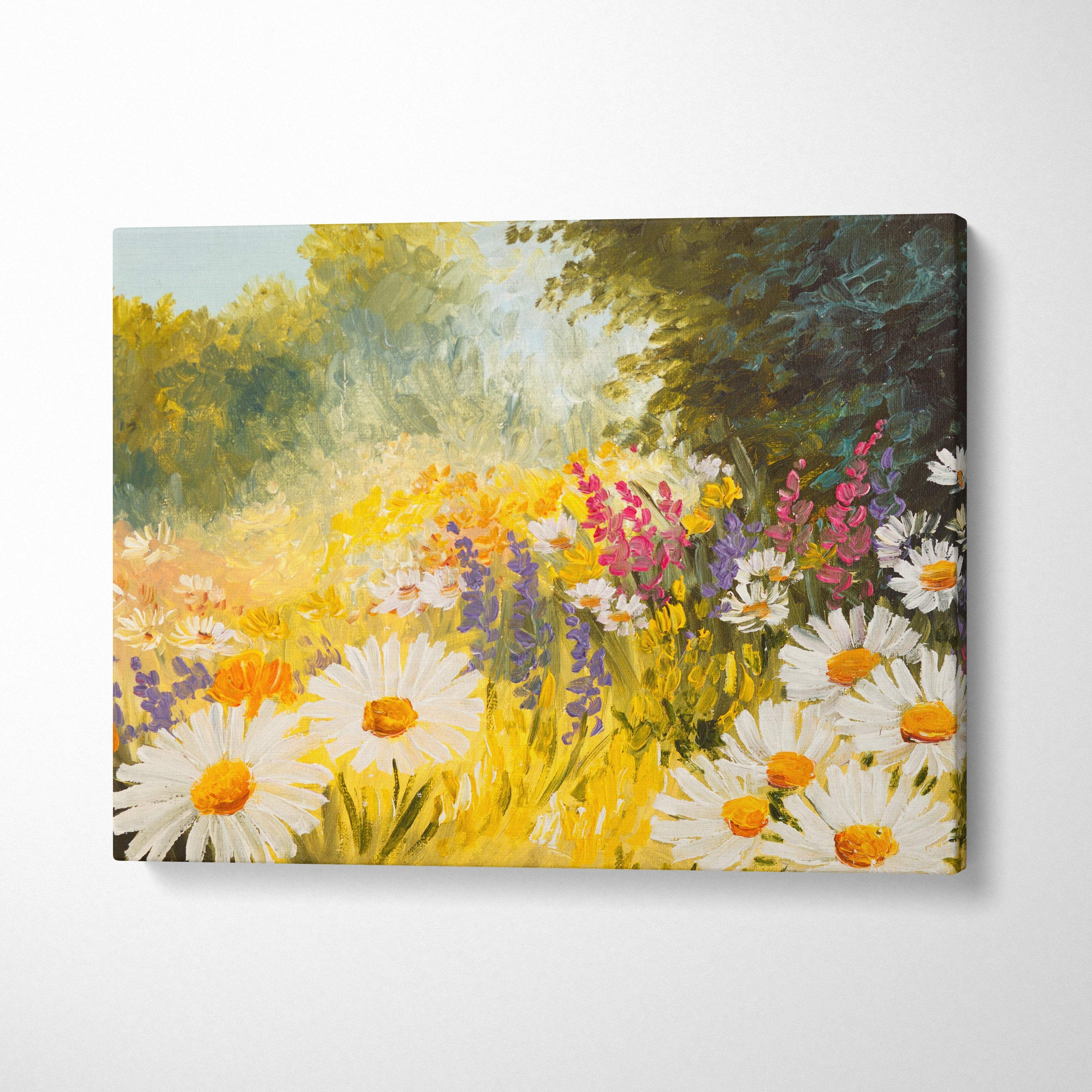 A vibrant canvas print of a sunlit meadow with white daisies yellow and purple wildflowers in lush green foliage