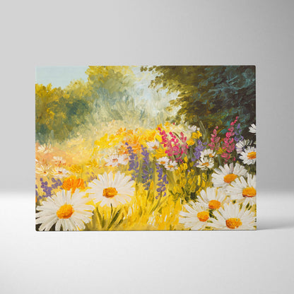 Vibrant floral canvas painting of white daisies yellow centers and colorful wildflowers in sunlit meadow wall art