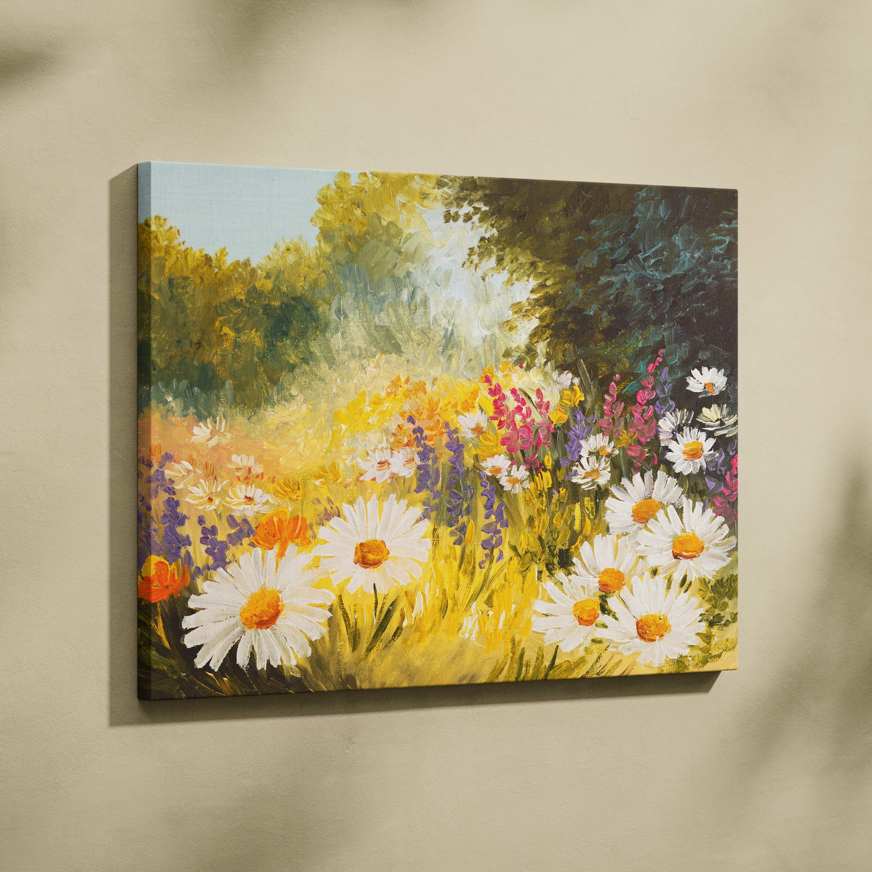 Vibrant canvas wall art of a sunlit meadow with white daisies pink and purple wildflowers and golden grasses