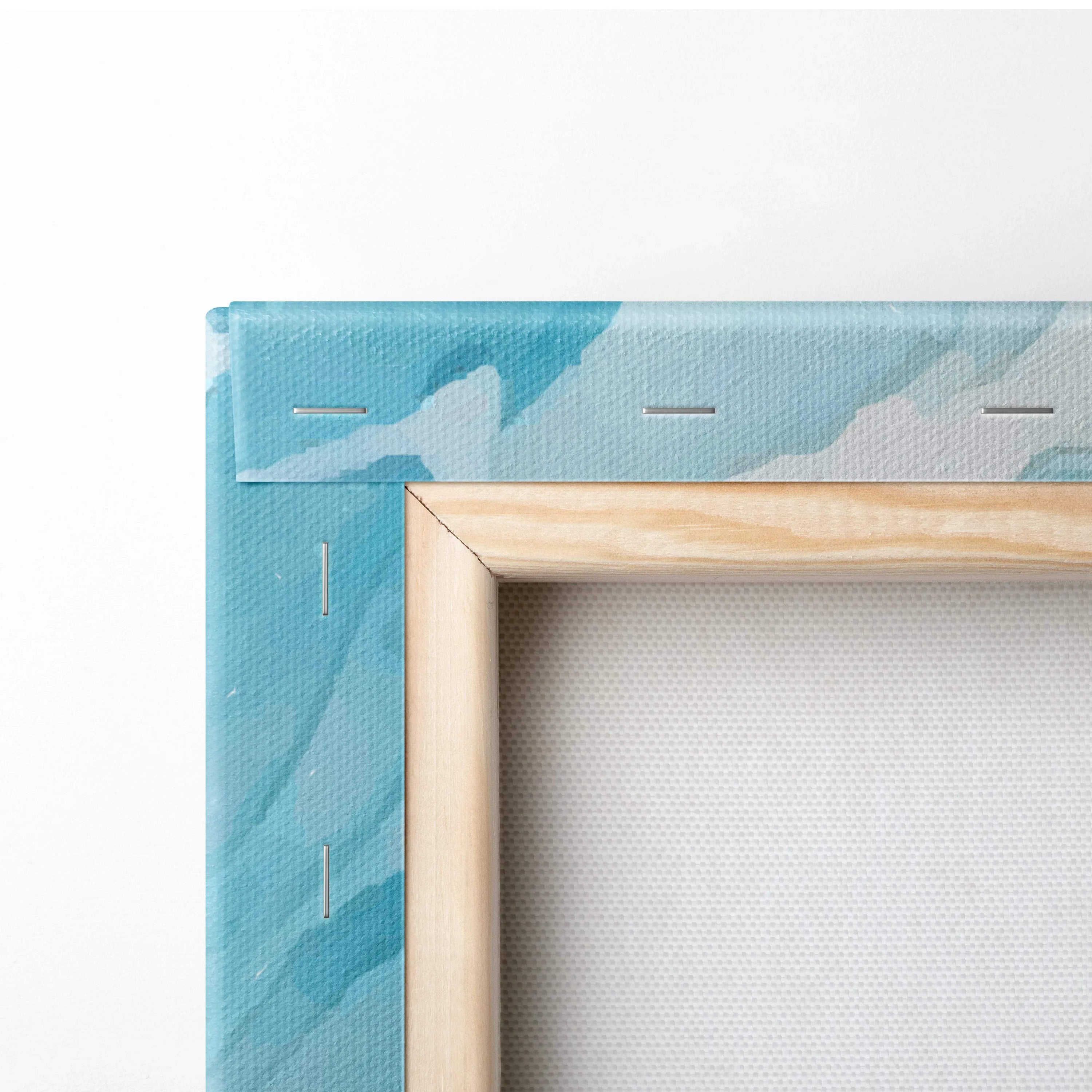 Powerful ocean wave canvas print in deep blue aqua, white foam on light blue marbled texture with wood frame