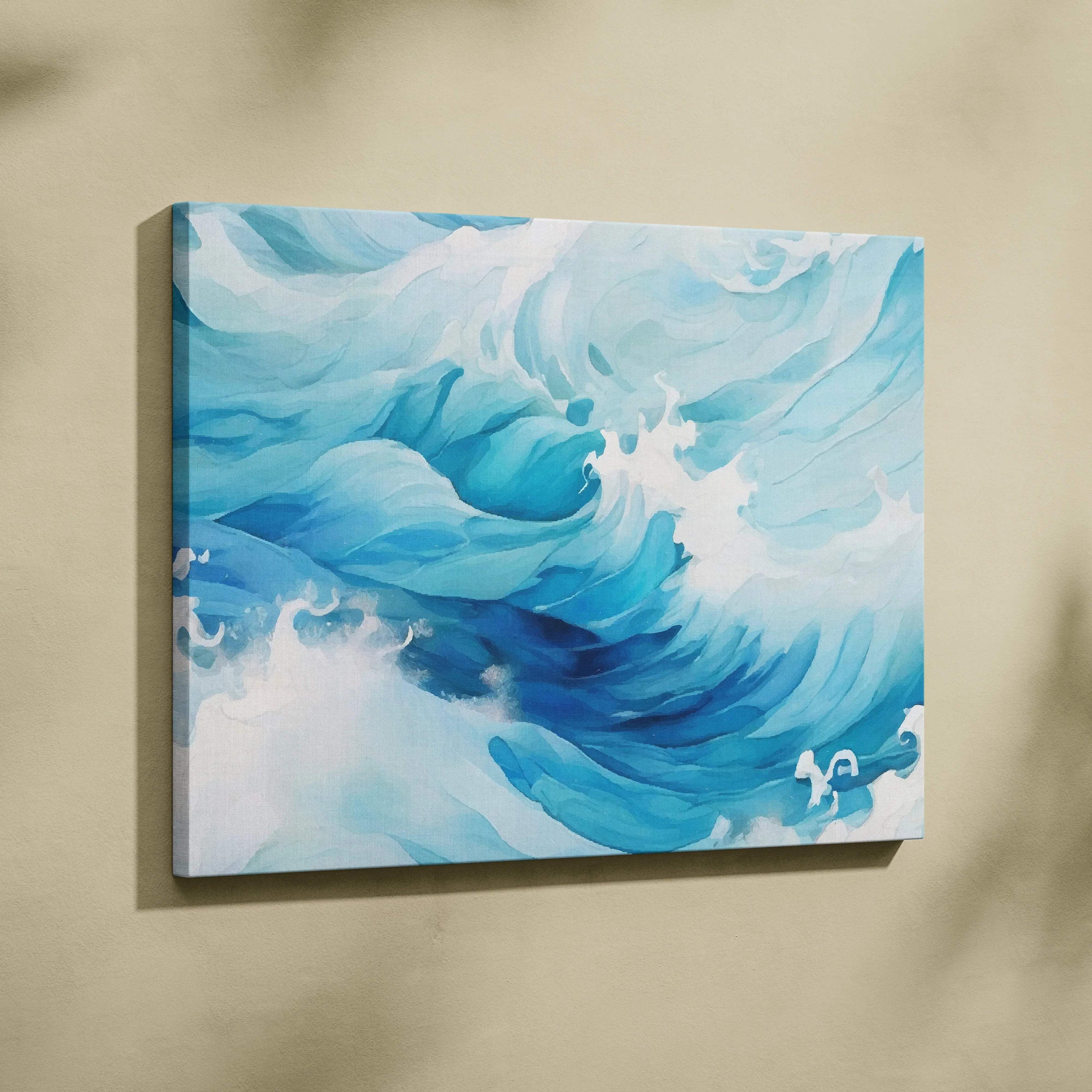 Powerful ocean wave canvas print in deep blue aqua and white foam