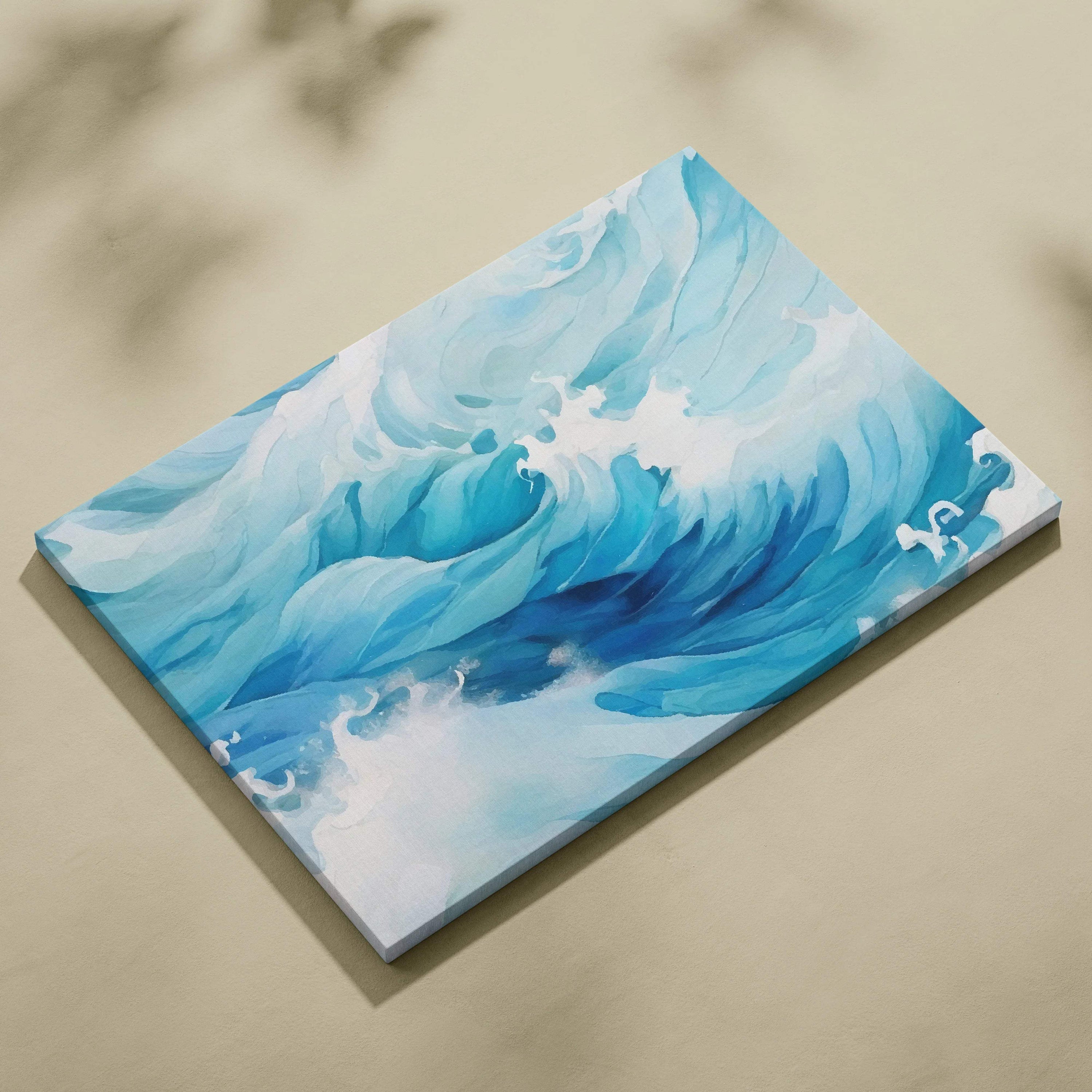 Powerful ocean wave watercolor artwork in deep blue aqua and white foam on gallery canvas print