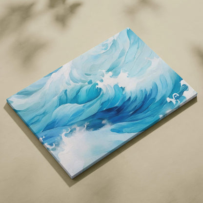 Powerful ocean wave watercolor artwork in deep blue aqua and white foam on gallery canvas print