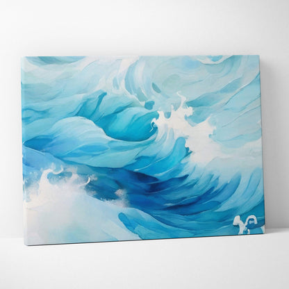 Powerful ocean wave canvas print in deep blue aqua and white foam