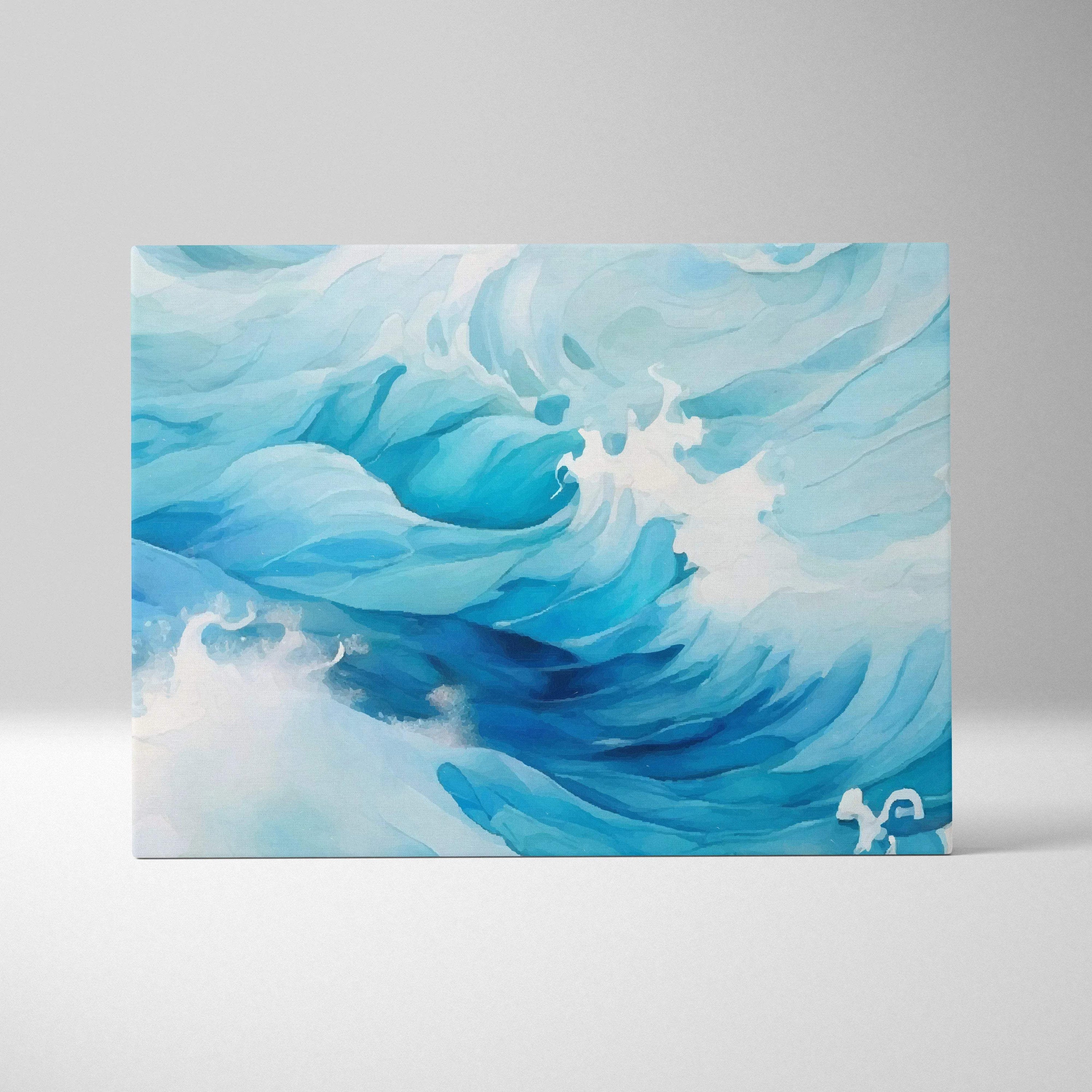 Powerful ocean wave artwork in deep blue aqua and white foam on gallery canvas print