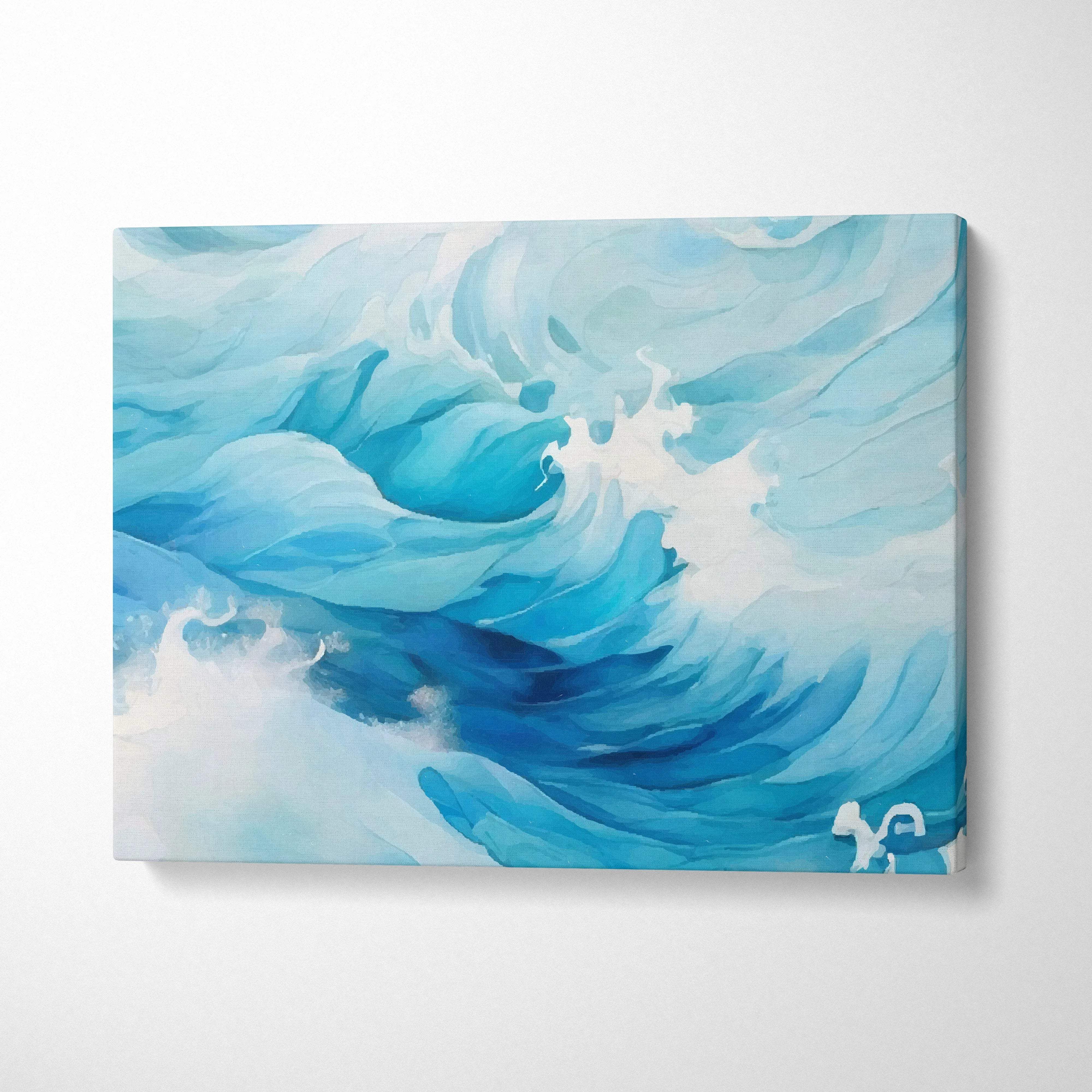 Powerful ocean wave canvas print in deep blue aqua and white foam