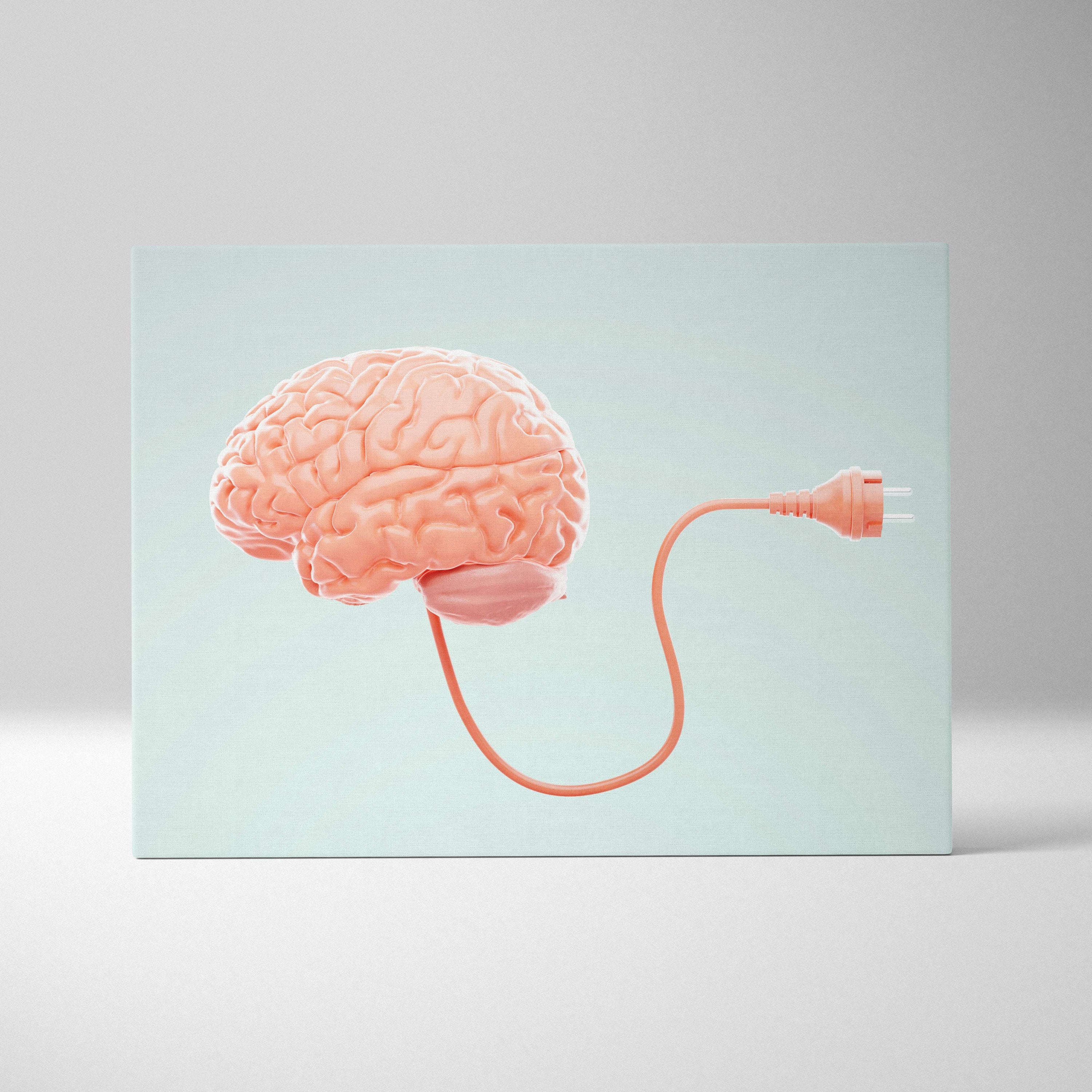 Contemporary brain plug canvas wall art featuring a peach detailed brain with orange plug on light mint-green background