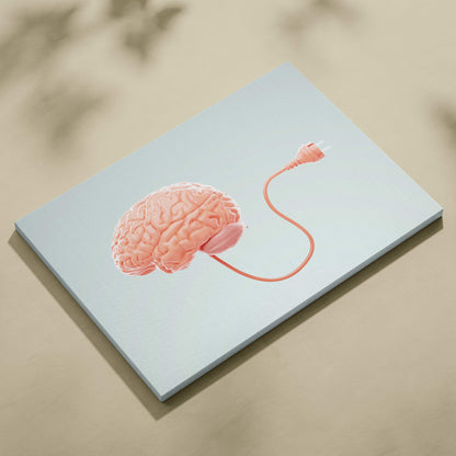 Contemporary canvas print of a peach brain connected by an orange cord on light gray background for modern psychology decor