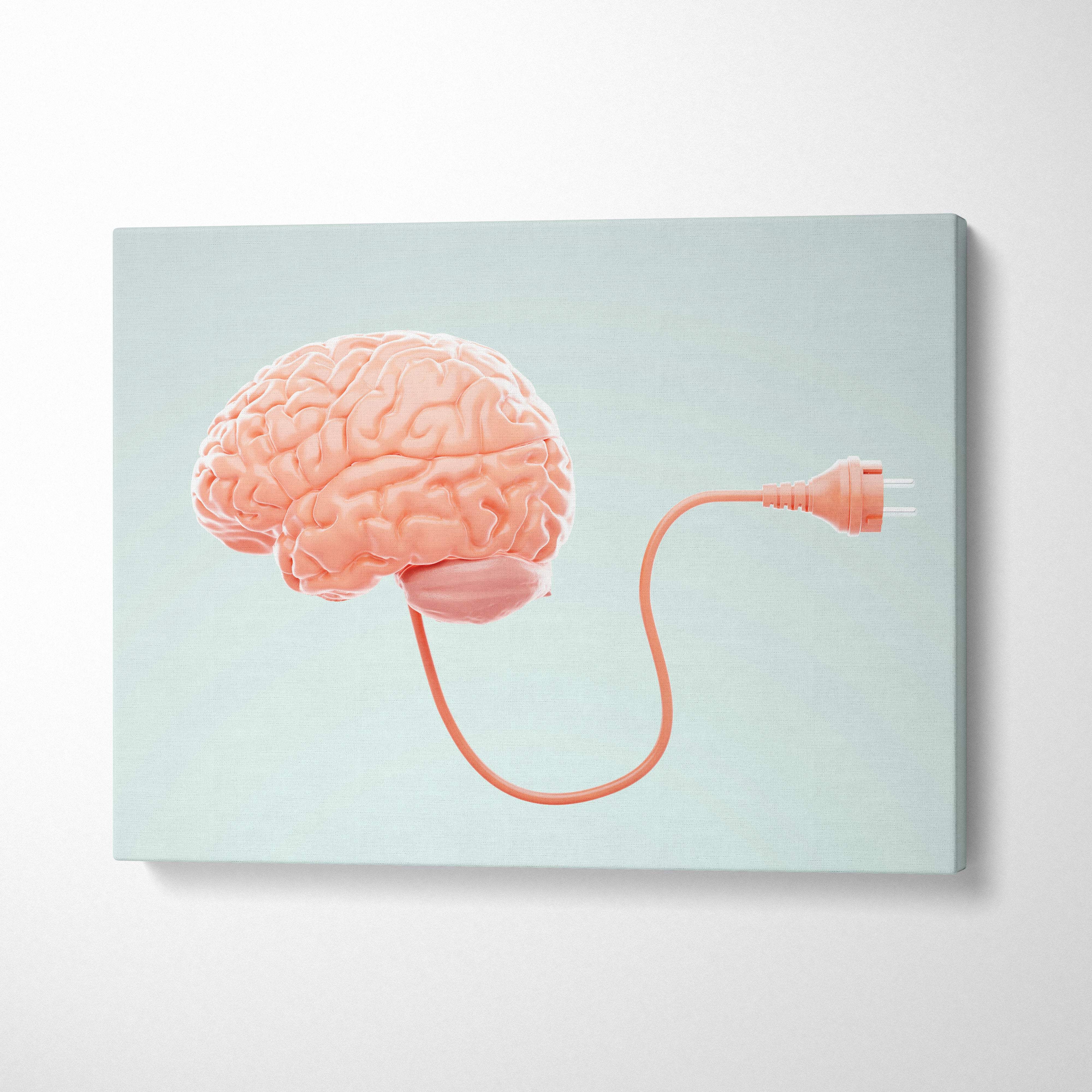 Peach-colored canvas print of a brain with an electrical plug for contemporary coral mental health wall art