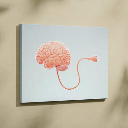 Contemporary pink brain plug canvas wall art on light gray background coral minimal mental health print