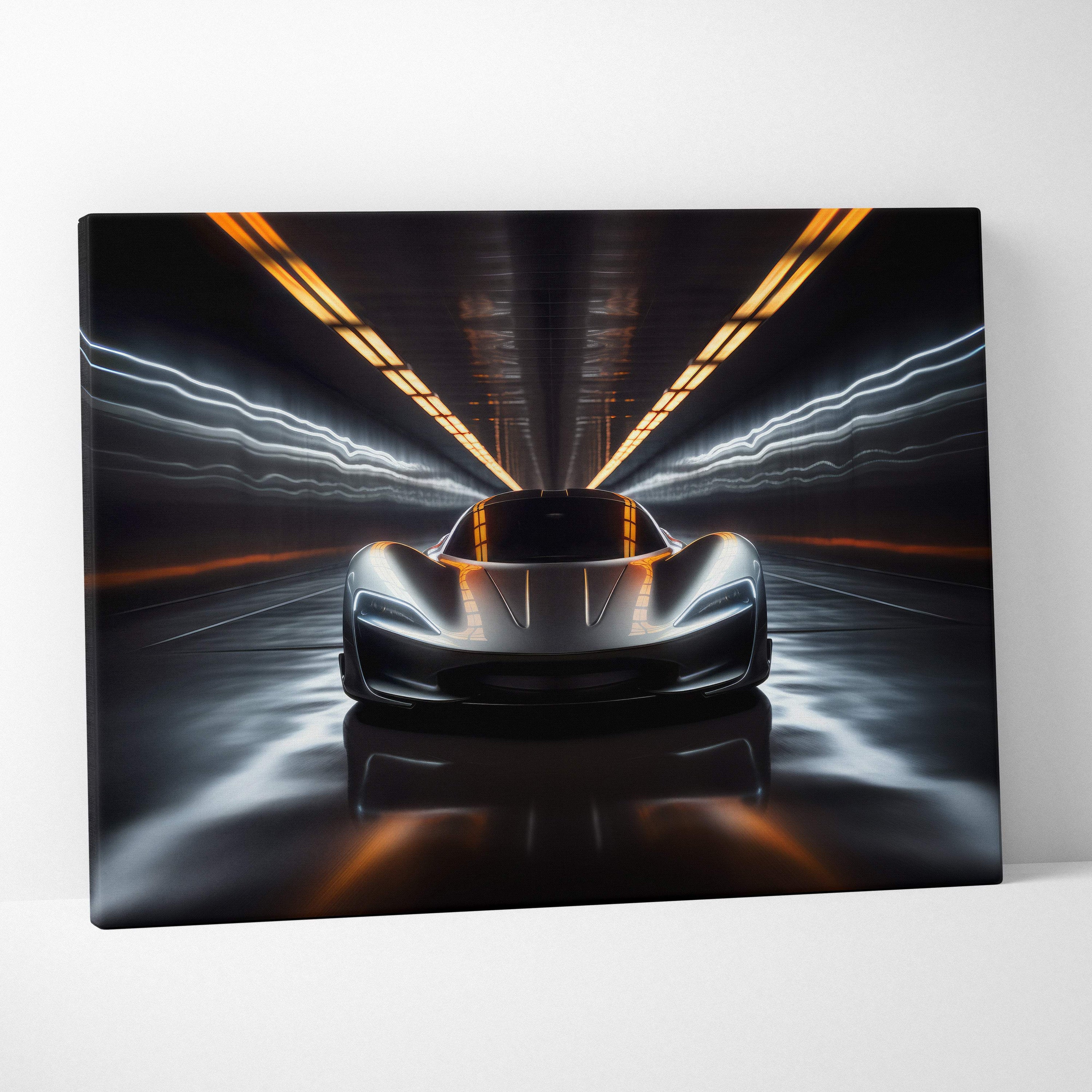 Futuristic hypercar tunnel canvas art featuring a black and silver sports car with glowing orange lane lights in a tunnel