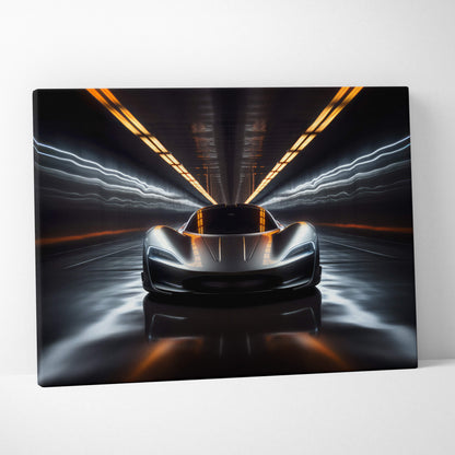 Futuristic hypercar tunnel canvas art featuring a black and silver sports car with glowing orange lane lights in a tunnel