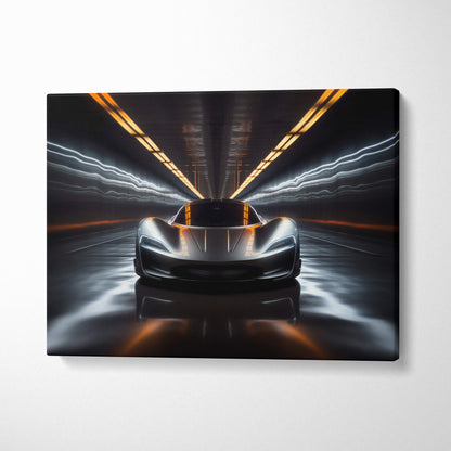 Futuristic hypercar tunnel canvas art showing a sleek silver sports car with glowing orange accents in motion