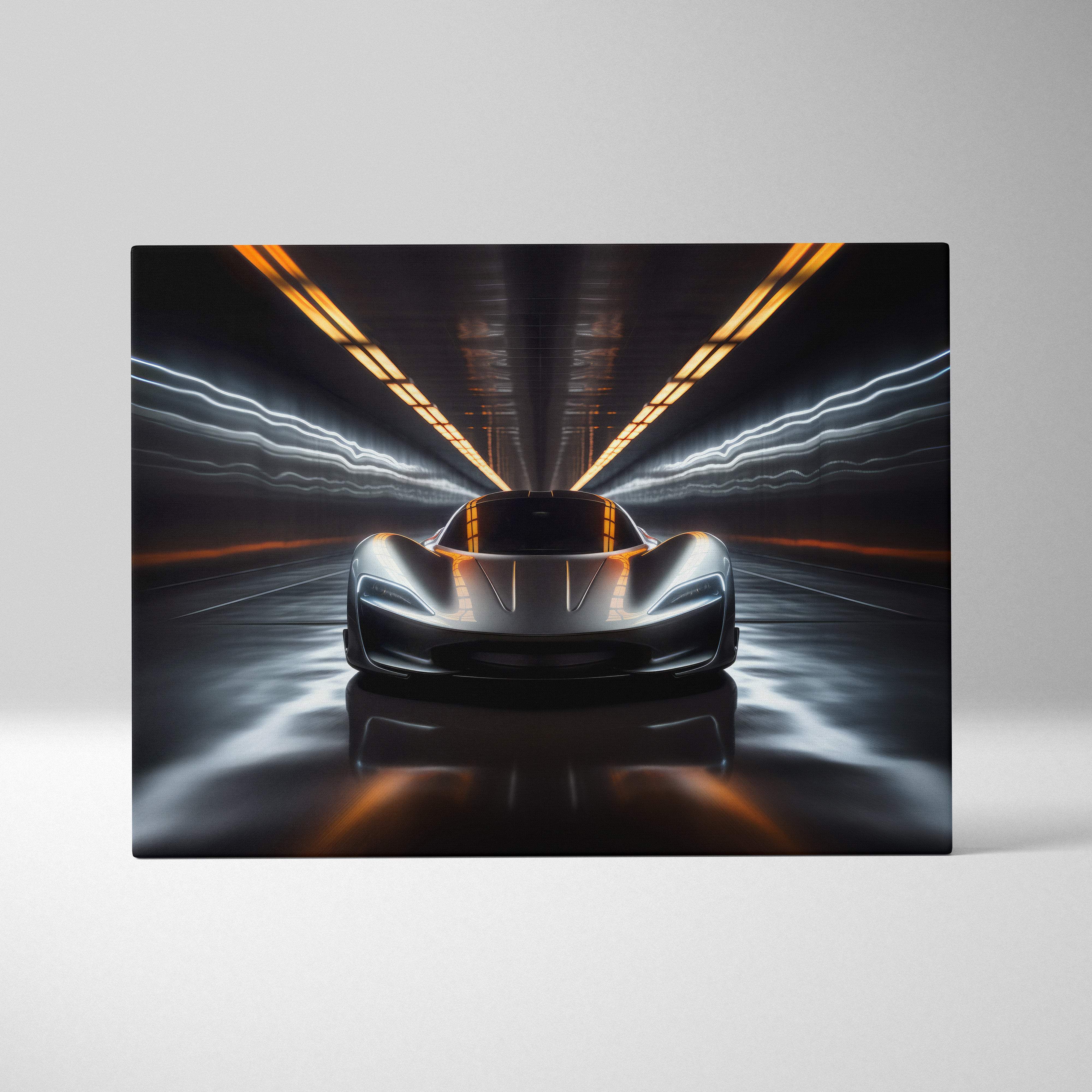 Futuristic hypercar tunnel canvas art featuring a sleek silver sports car with glowing orange accents and neon light trails
