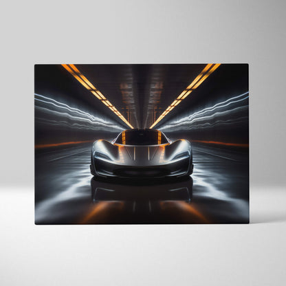 Futuristic hypercar tunnel canvas art featuring a sleek silver sports car with glowing orange accents and neon light trails