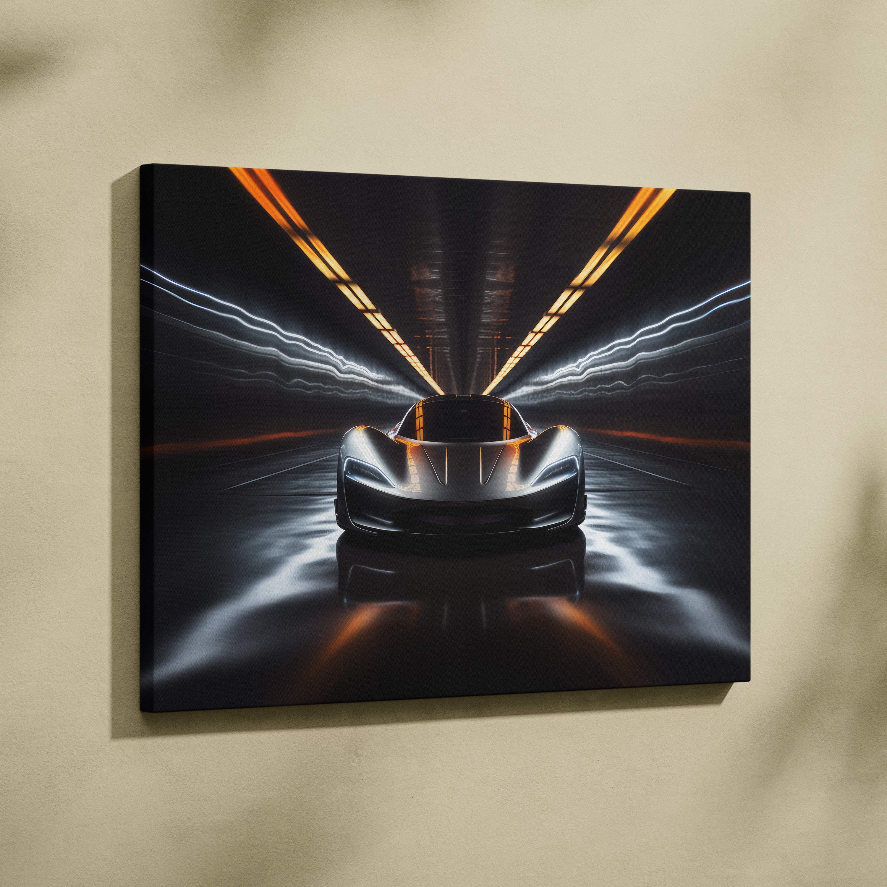 Black canvas print of a futuristic silver sports car speeding through a tunnel with glowing neon light trails