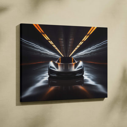 Black canvas print of a futuristic silver sports car speeding through a tunnel with glowing neon light trails