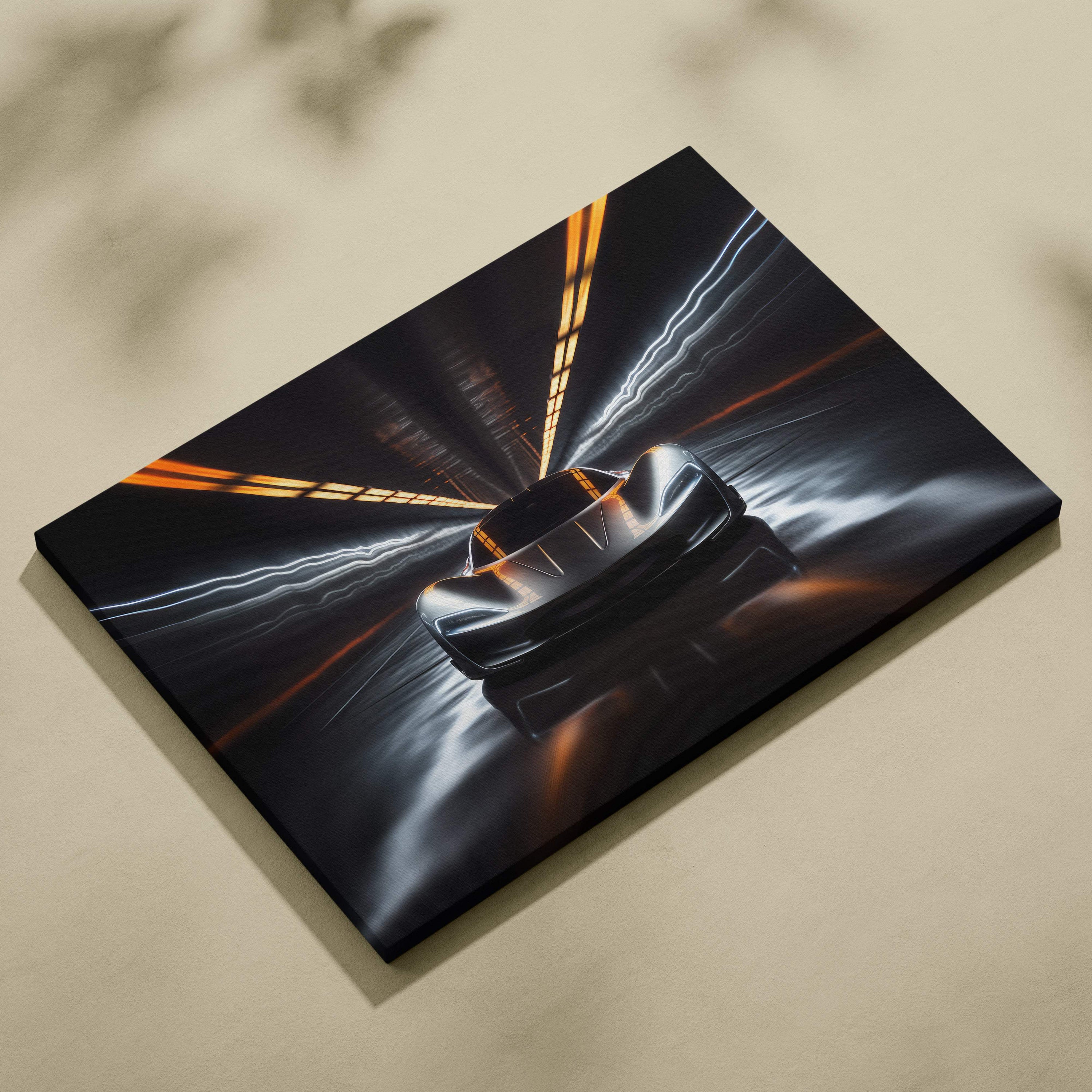 Black canvas print of a sleek futuristic hypercar speeding through a tunnel with neon orange and white light trails