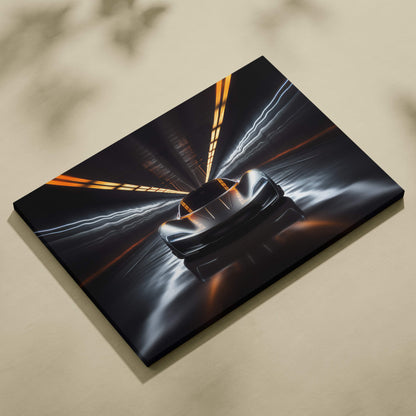 Black canvas print of a sleek futuristic hypercar speeding through a tunnel with neon orange and white light trails