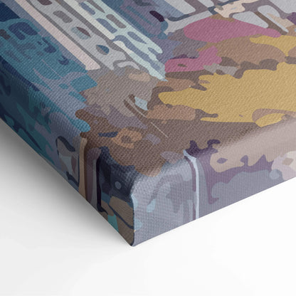 Abstract Chicago skyline canvas art in muted blues purples yellows browns